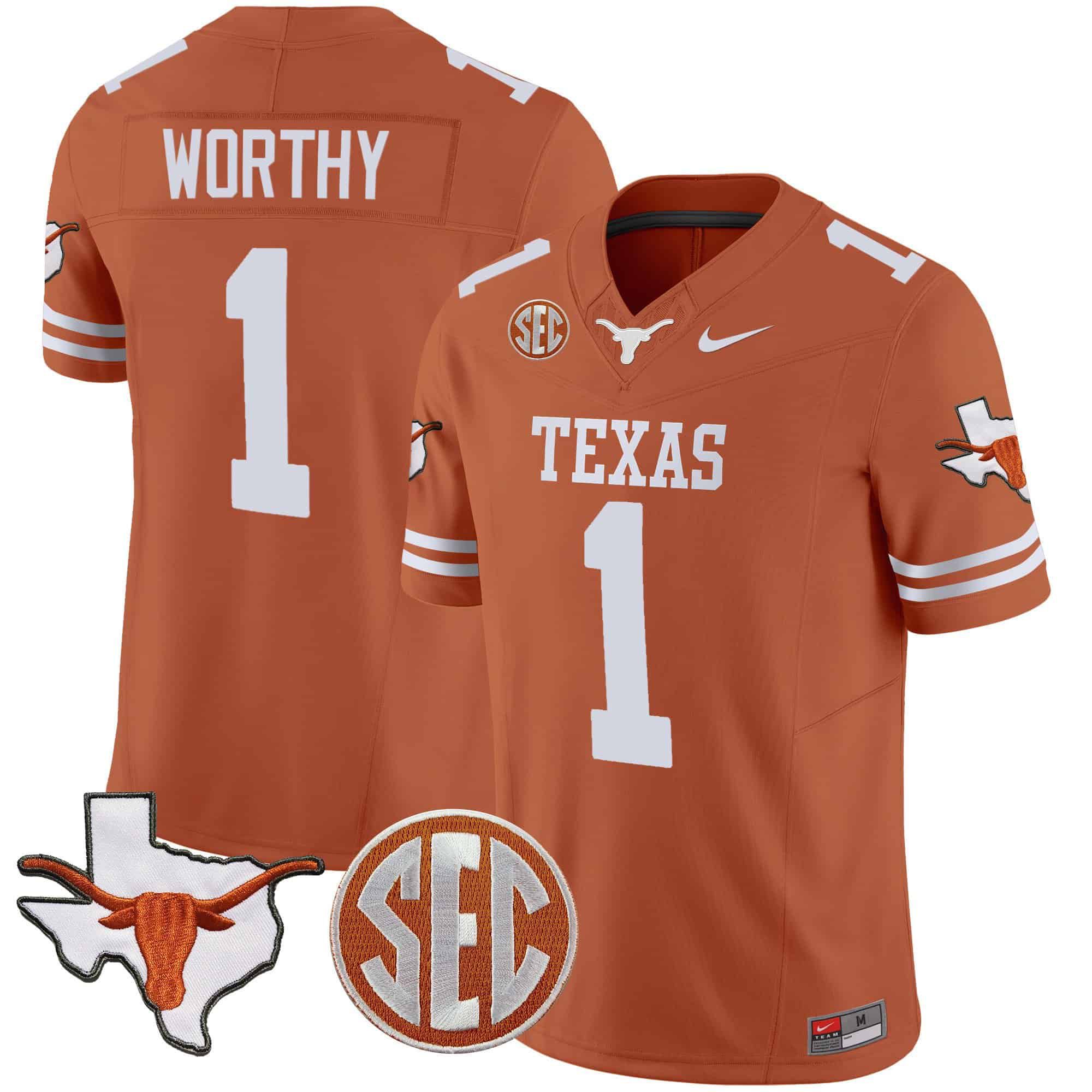 Men Texas Longhorns #1 Worthy Orange 2024 Nike State Map & SEC Patch Vapor NCAA Jersey style 1->indianapolis colts->NFL Jersey
